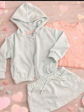Reebok Toddler Girls 3T 3pc Set Mint Hoodie Skirt & Peach  Tee Outfit